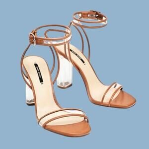 Zara lucite clear tan brown ankle strap block heels sandals size EU 39 US 8